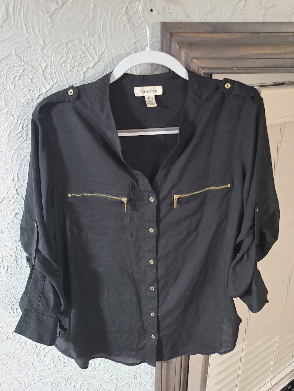 Calvin Klein Black roll-sleeve utility Button-Front Shirt Gold Zipper Accents - Picture 8 of 16